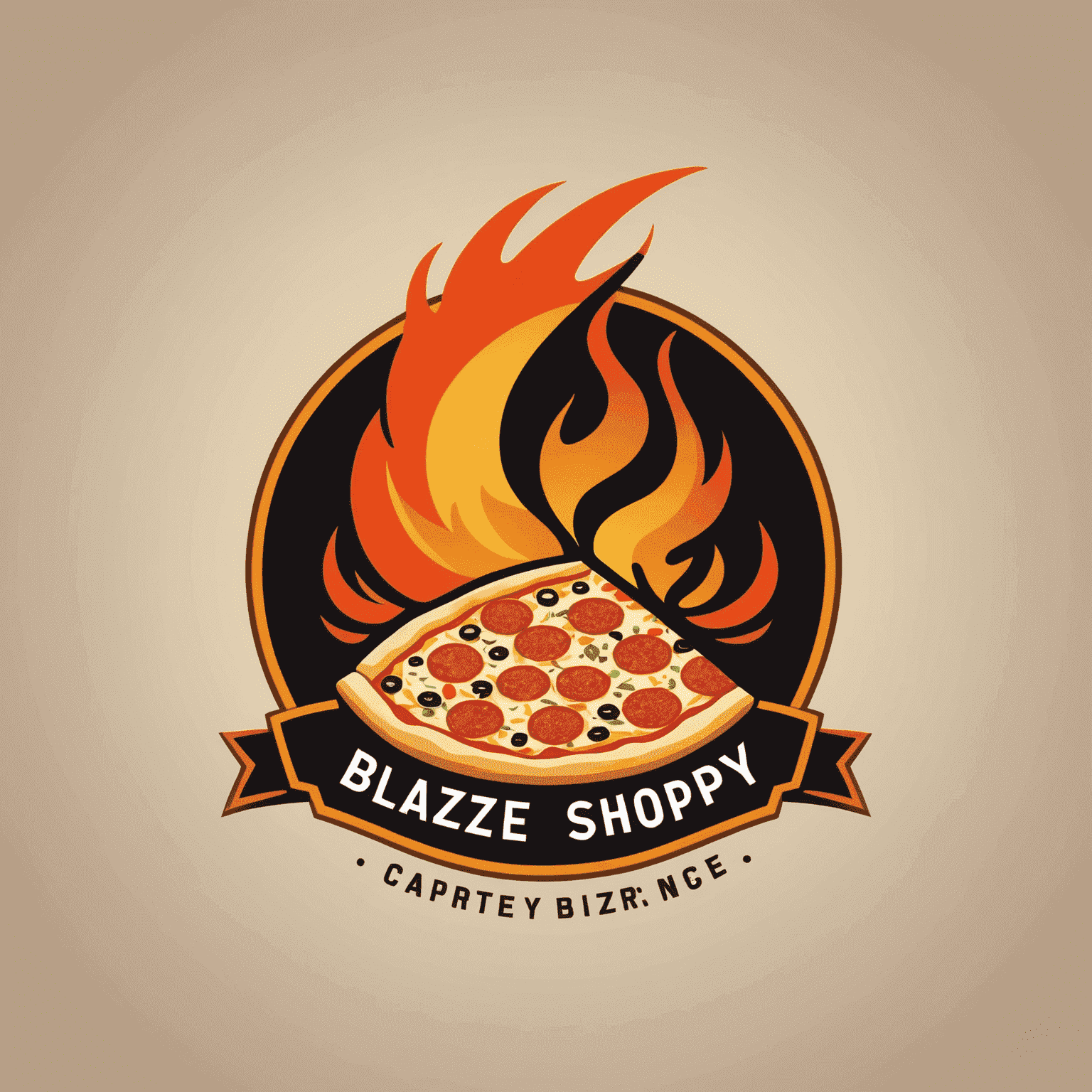 BlazeShoppy logo - A stylized flame-shaped pizza slice with bold, modern typography