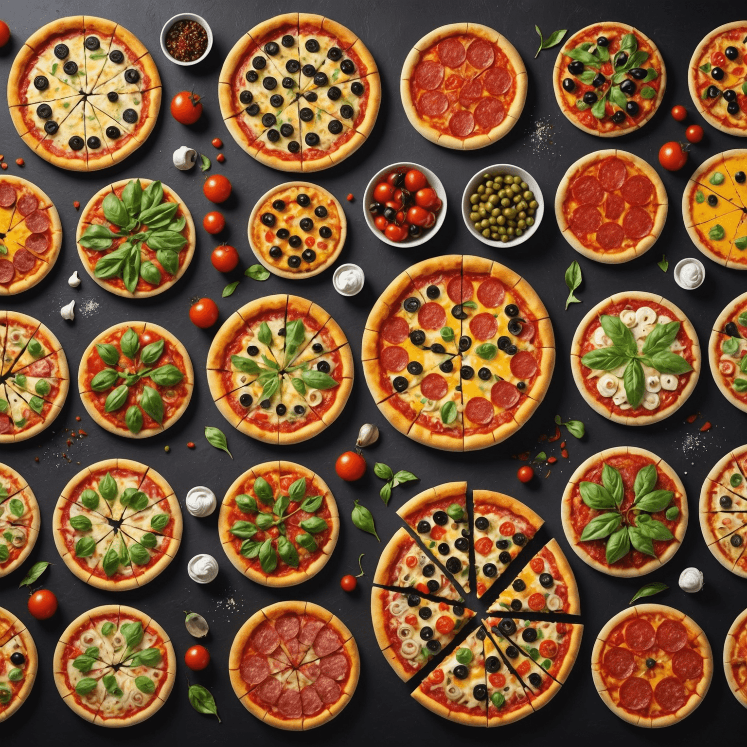 Various innovative pizzas with unique toppings and crust styles, showcasing the latest trends in pizza making