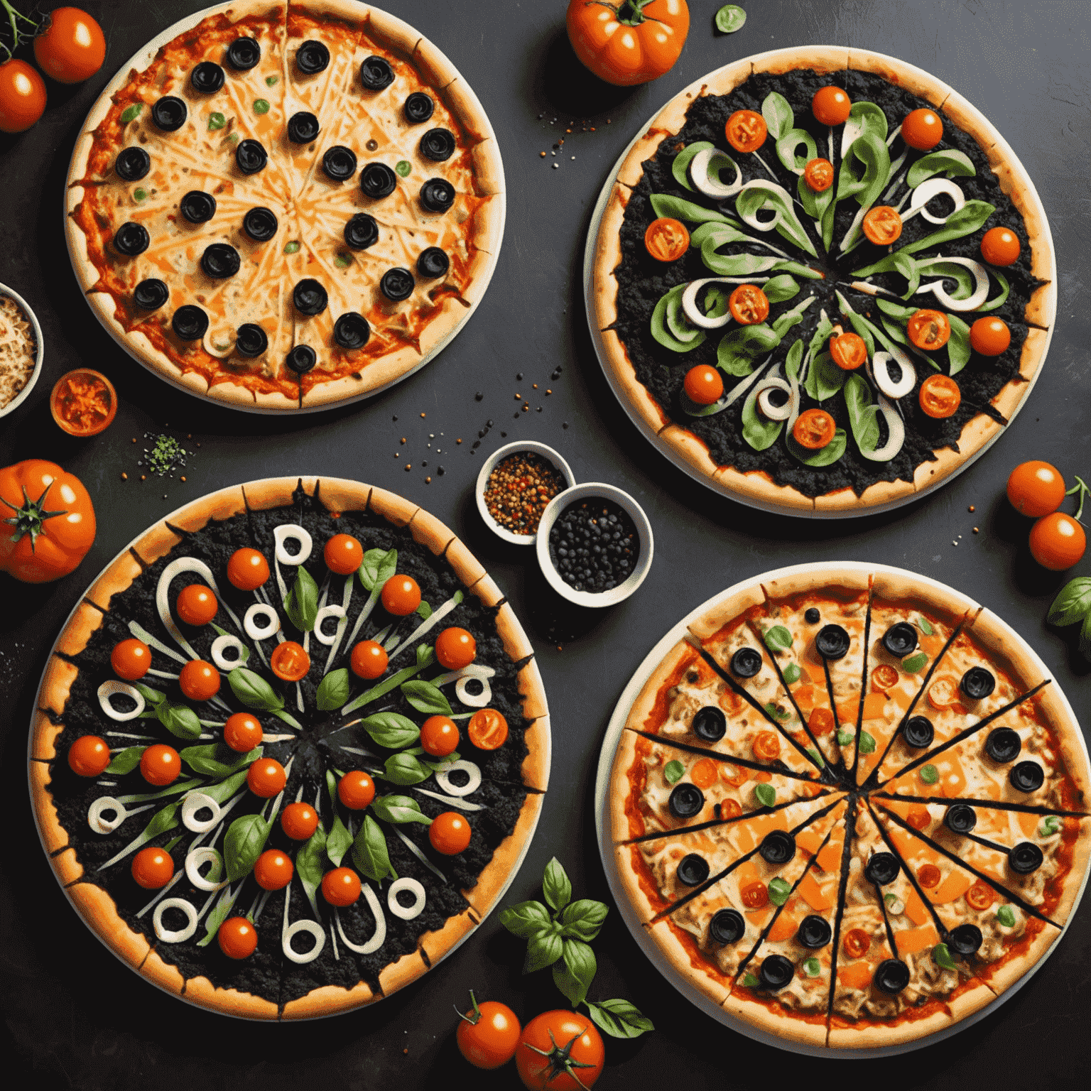 A collage of innovative pizzas showcasing new trends: one with a charcoal-infused black crust, another with colorful vegetable toppings arranged in a spiral, and a third with a stuffed crust oozing with cheese