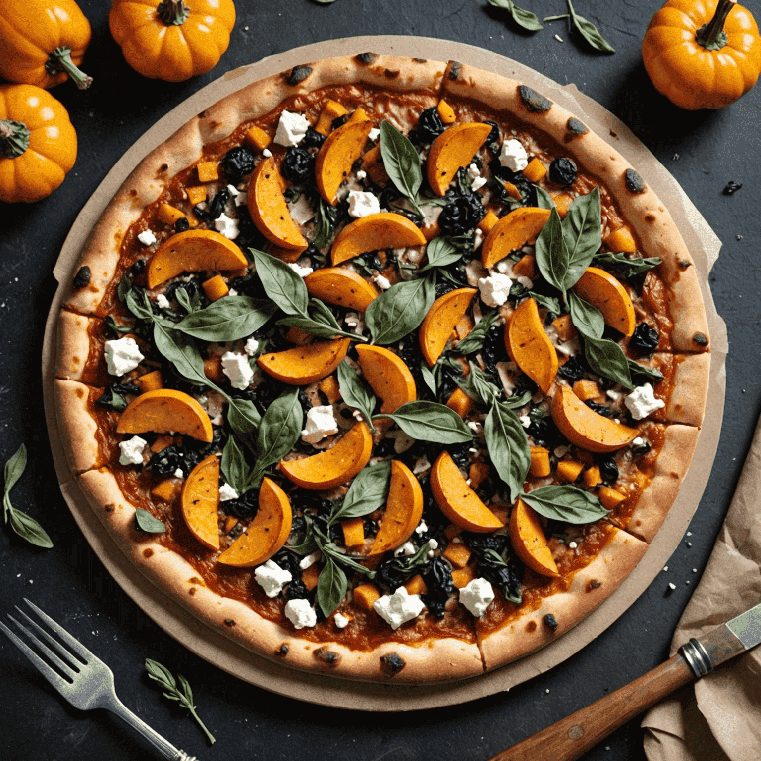 A sizzling hot seasonal pizza with autumn-inspired toppings like roasted butternut squash, crispy sage leaves, and crumbled goat cheese on a perfectly charred crust