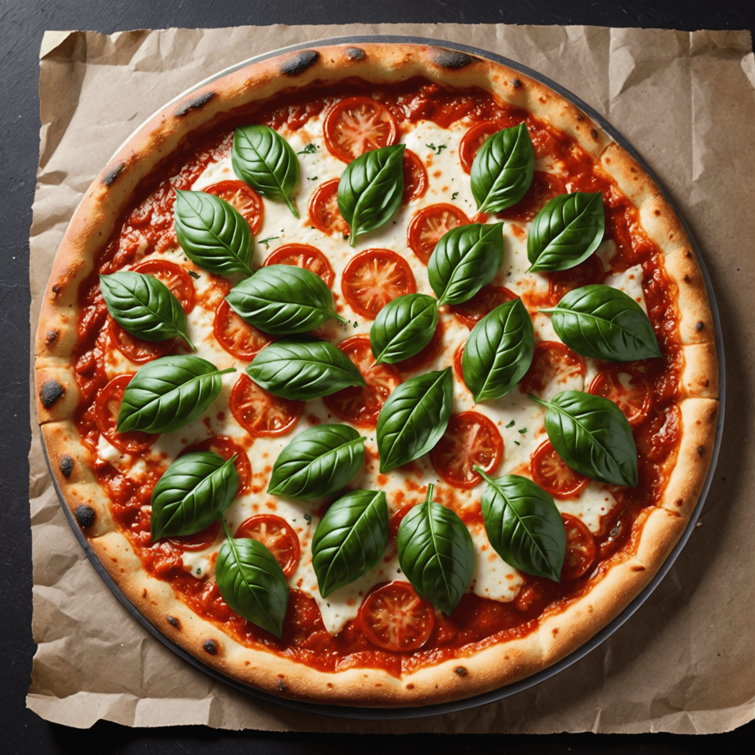 A classic Margherita pizza with melted mozzarella, bright red tomato sauce, and fresh green basil leaves on a perfectly charred thin crust