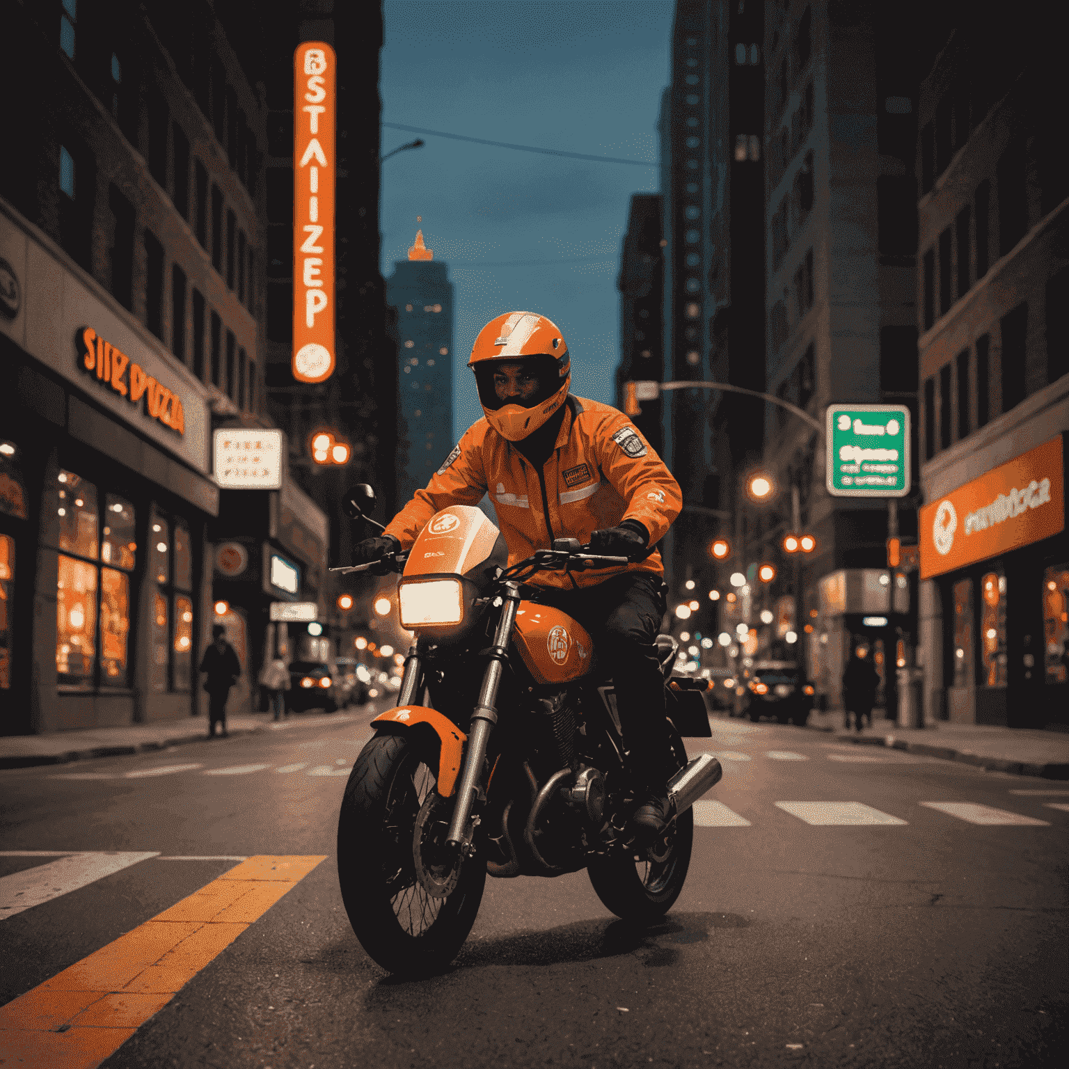 A delivery person on a motorcycle speeding through the city with a Blaze Pizza box, leaving a trail of red light behind them. The cityscape is dark, emphasizing the speed and urgency of the delivery.