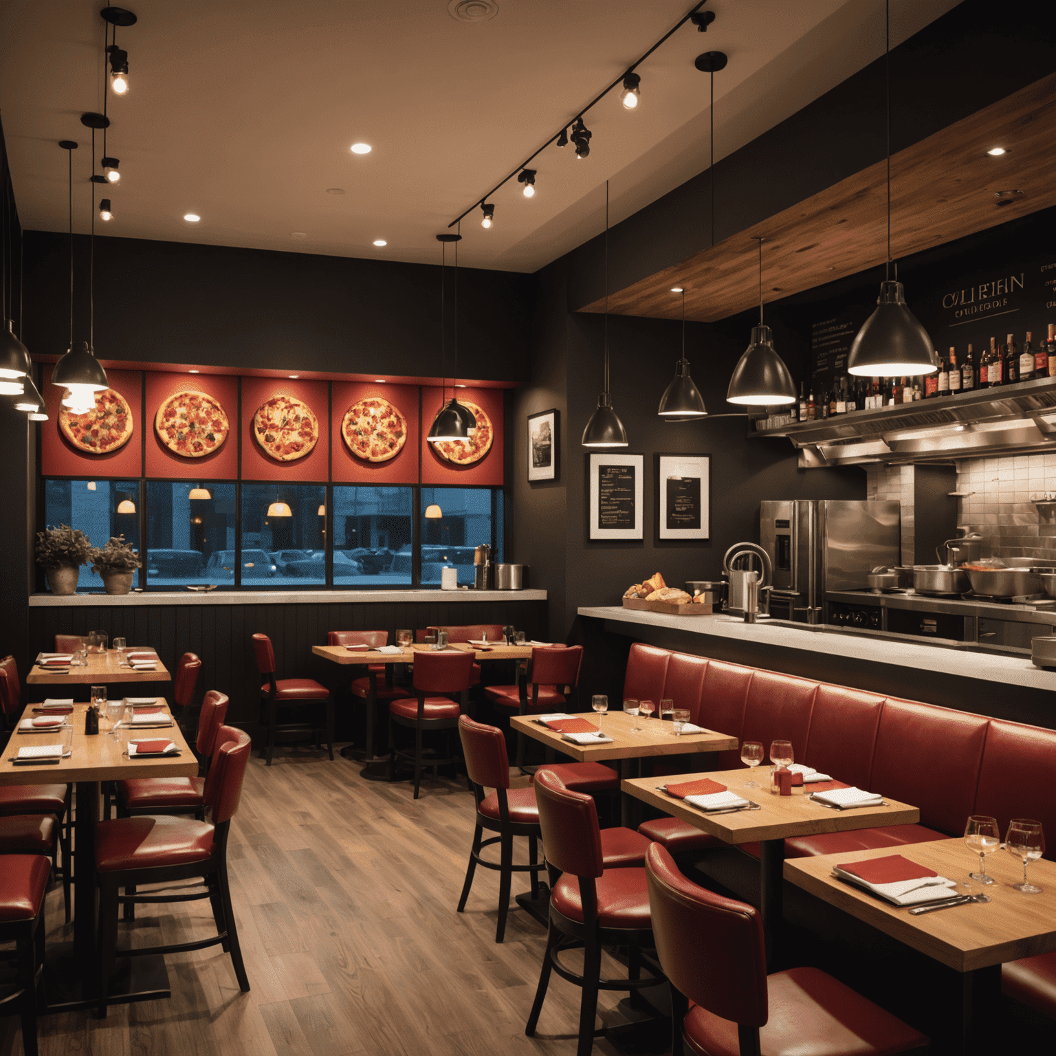 A warm and inviting restaurant interior with comfortable seating, soft lighting, and a view of the open kitchen where chefs are preparing fresh Blaze pizzas. The space has a modern yet welcoming feel with black and red accents throughout.