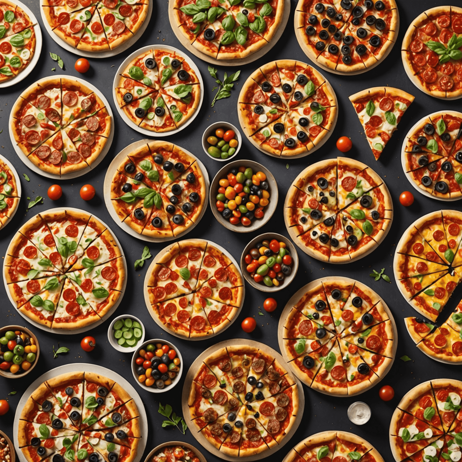 A large spread of various Blaze pizzas on a catering table, showcasing different toppings and styles, ready to serve a crowd at an event.