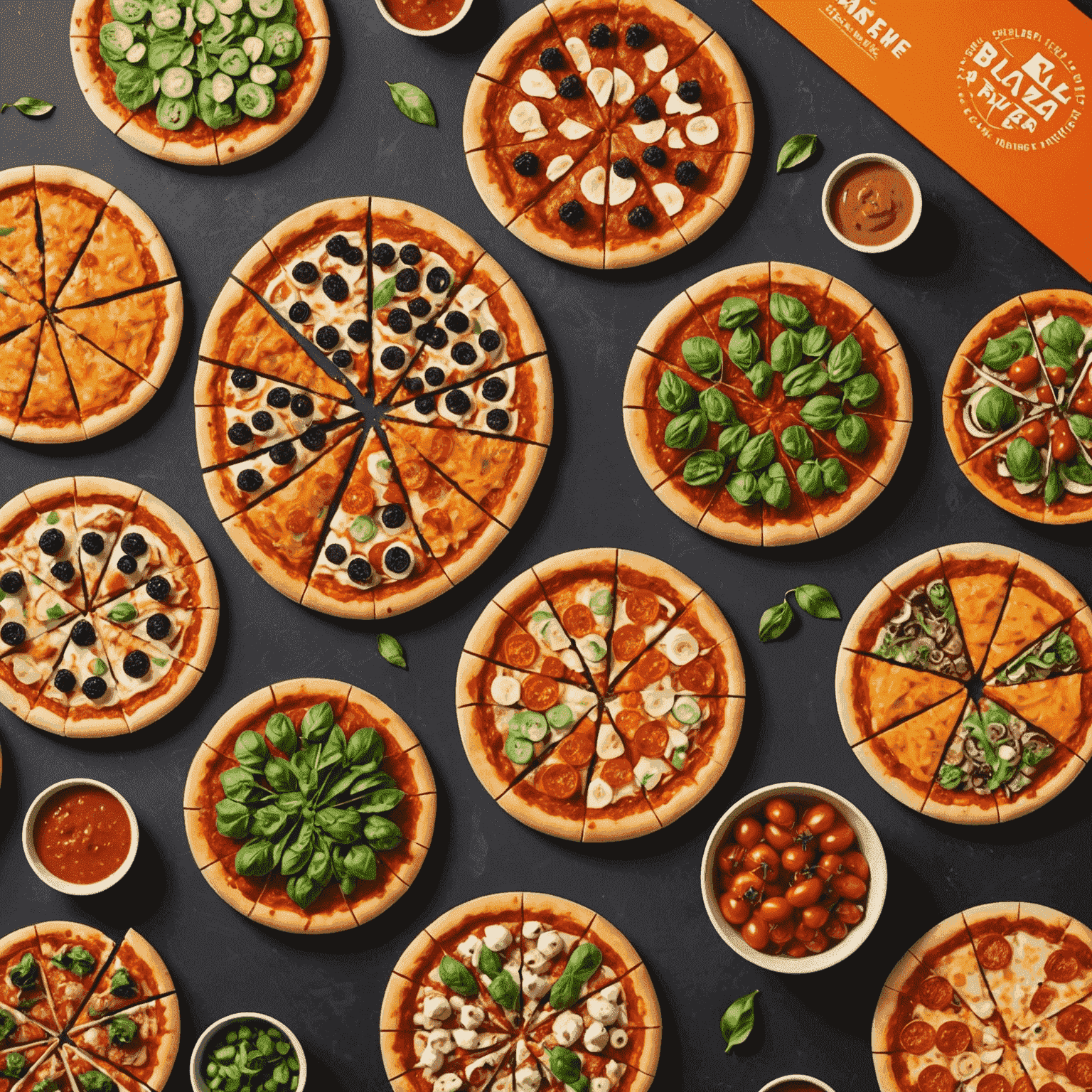 Blaze Pizza's seasonal special pizzas with unique toppings and vibrant colors, displayed alongside promotional banners