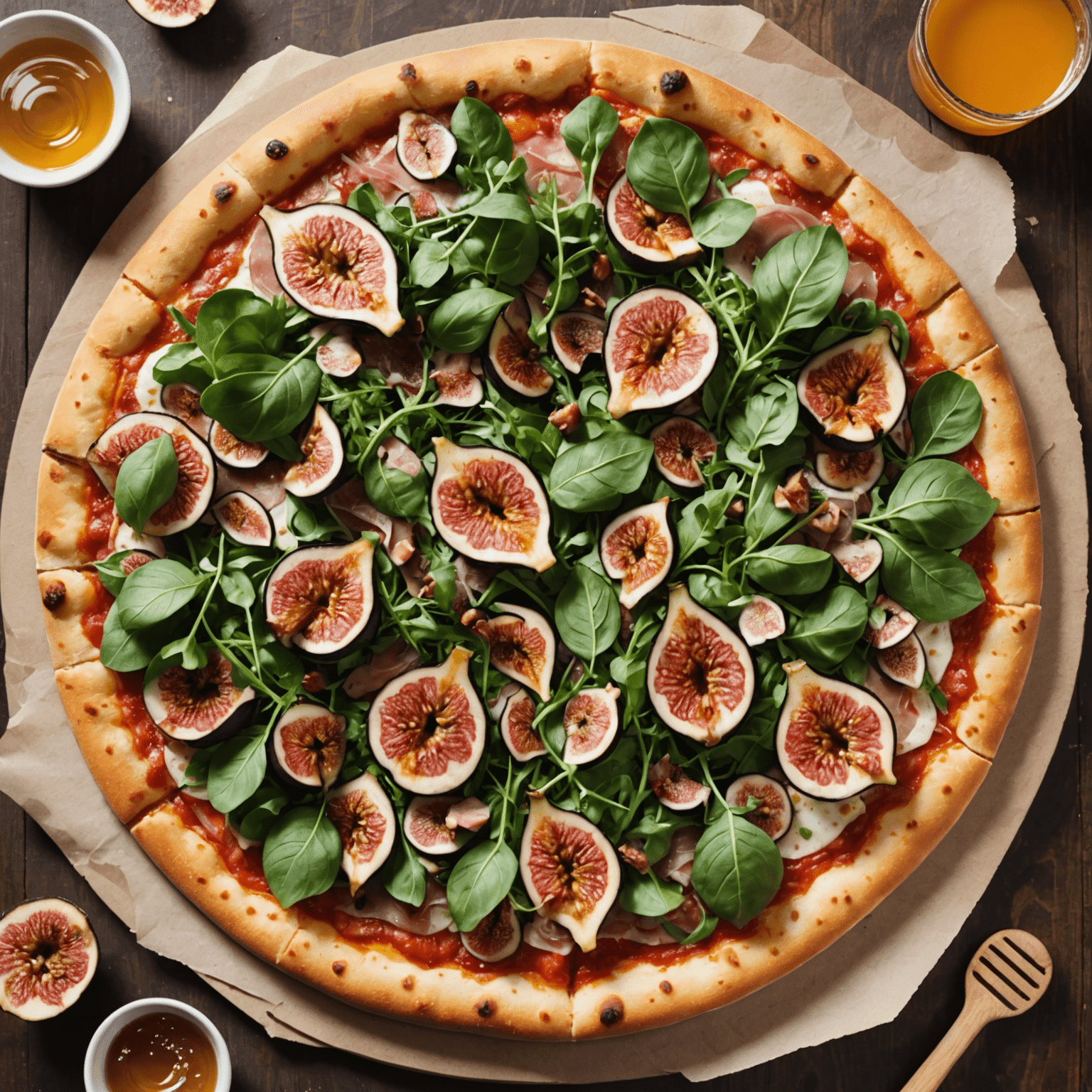 A vibrant summer pizza topped with fresh arugula, prosciutto, sliced figs, and a drizzle of honey, showcasing Blaze Pizza's seasonal ingredients