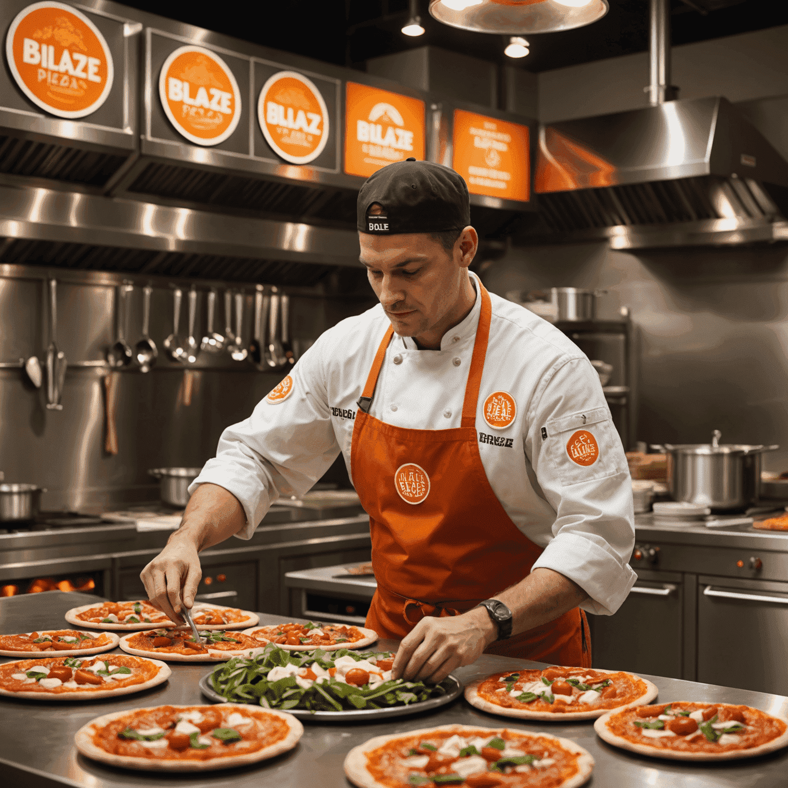 A Blaze Pizza chef carefully selecting and preparing fresh ingredients in a spotless kitchen environment