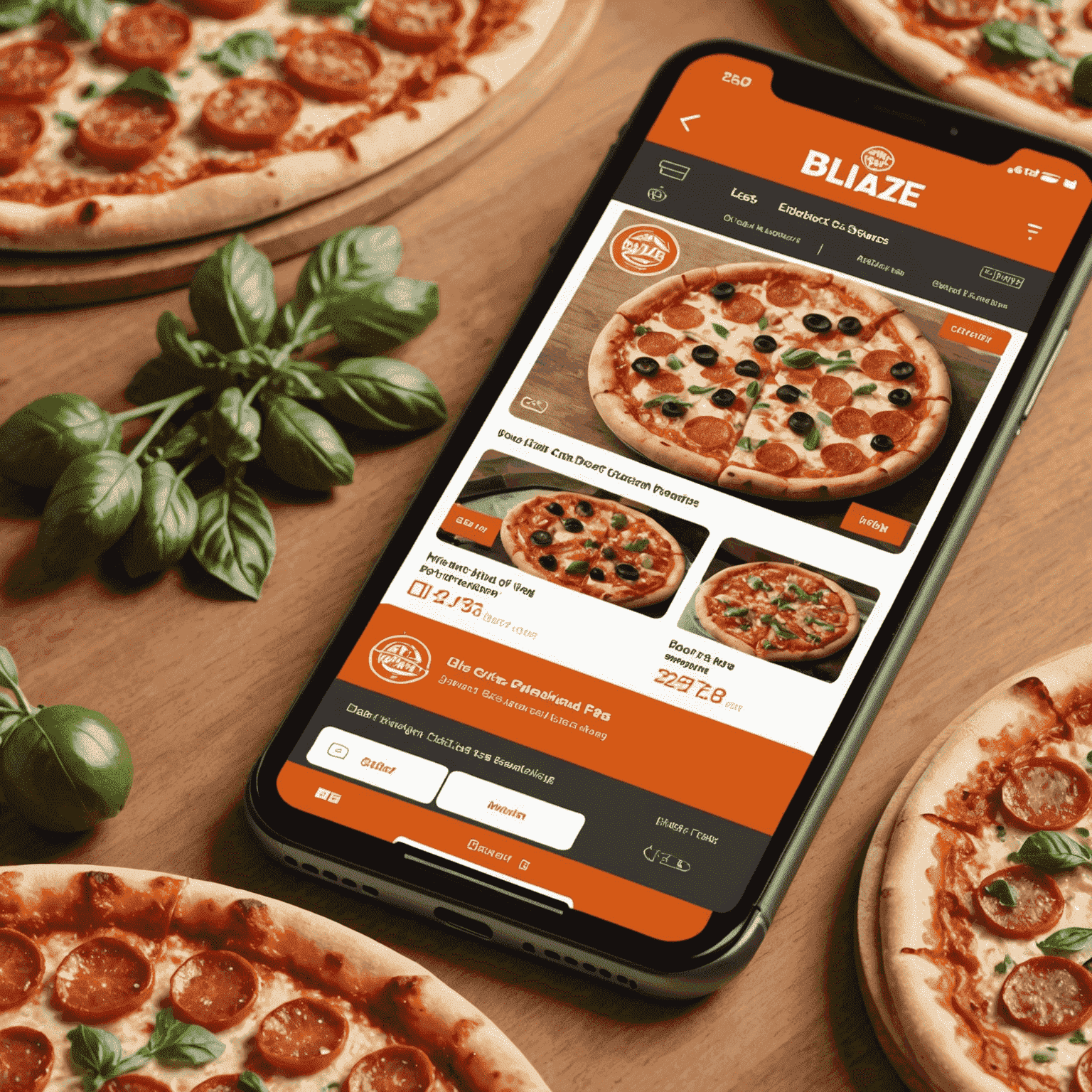 A sleek, user-friendly interface of Blaze Pizza's online ordering system, showcasing pizza customization options and an easy checkout process