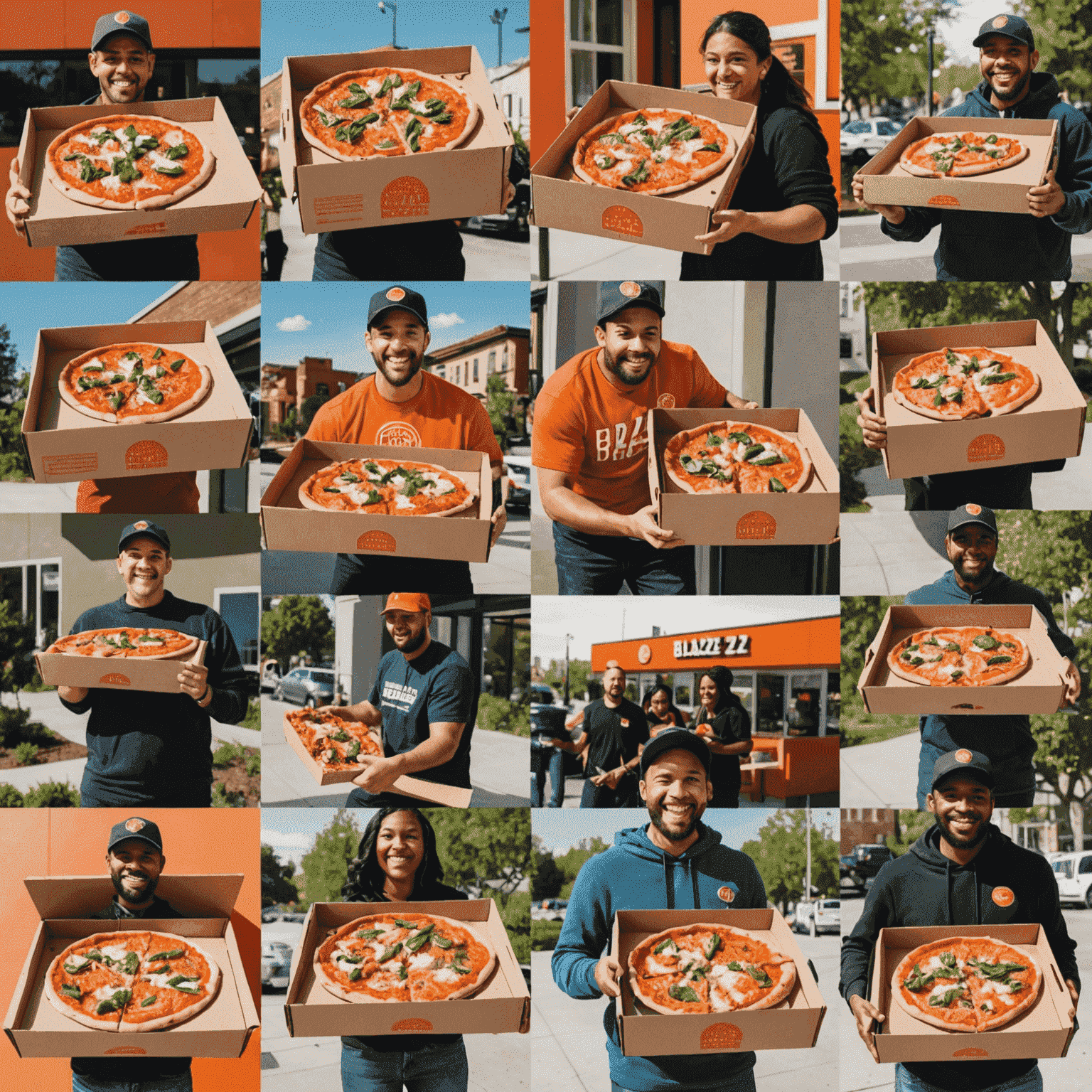 A collage of happy customers receiving their Blaze Pizza deliveries. The image shows diverse individuals and families in various settings - apartments, houses, offices - all excited as they open their Blaze Pizza boxes. The pizzas look steaming hot and delicious, with vibrant toppings visible.