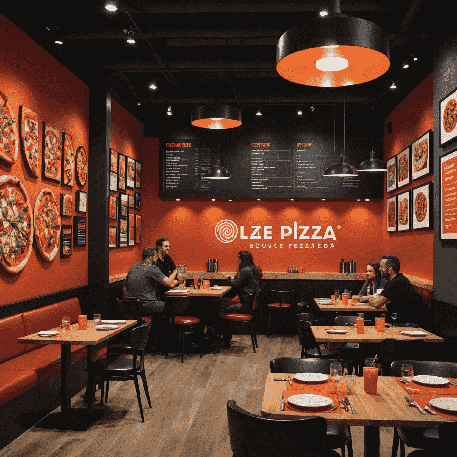 A bustling Blaze Pizza dining area with customers enjoying their meals. The space features modern black furniture with red accents, ambient lighting, and walls adorned with artistic interpretations of pizza ingredients and cooking processes.