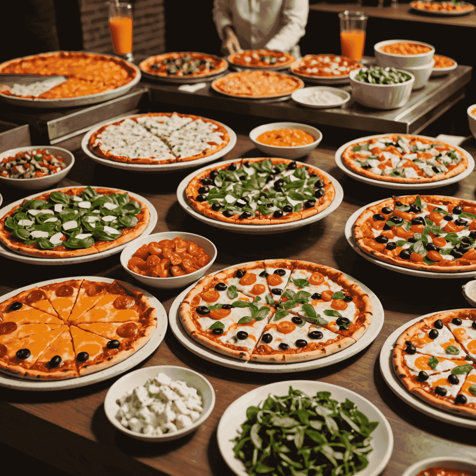 A Blaze Pizza custom pizza station set up for catering, showing a variety of fresh toppings, sauces, and cheeses ready for guests to create their own pizzas.