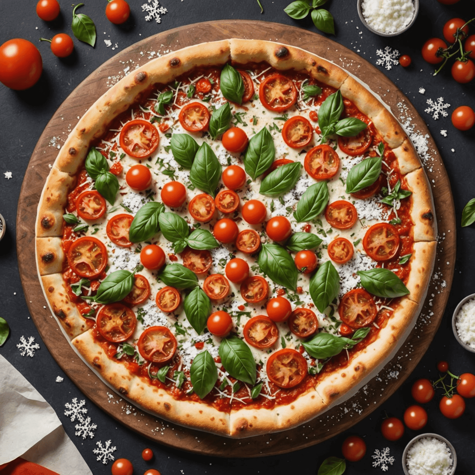 A festive holiday pizza with red and green toppings, including cherry tomatoes, basil, and a sprinkle of parmesan snow, embodying the spirit of Blaze Pizza's seasonal offerings