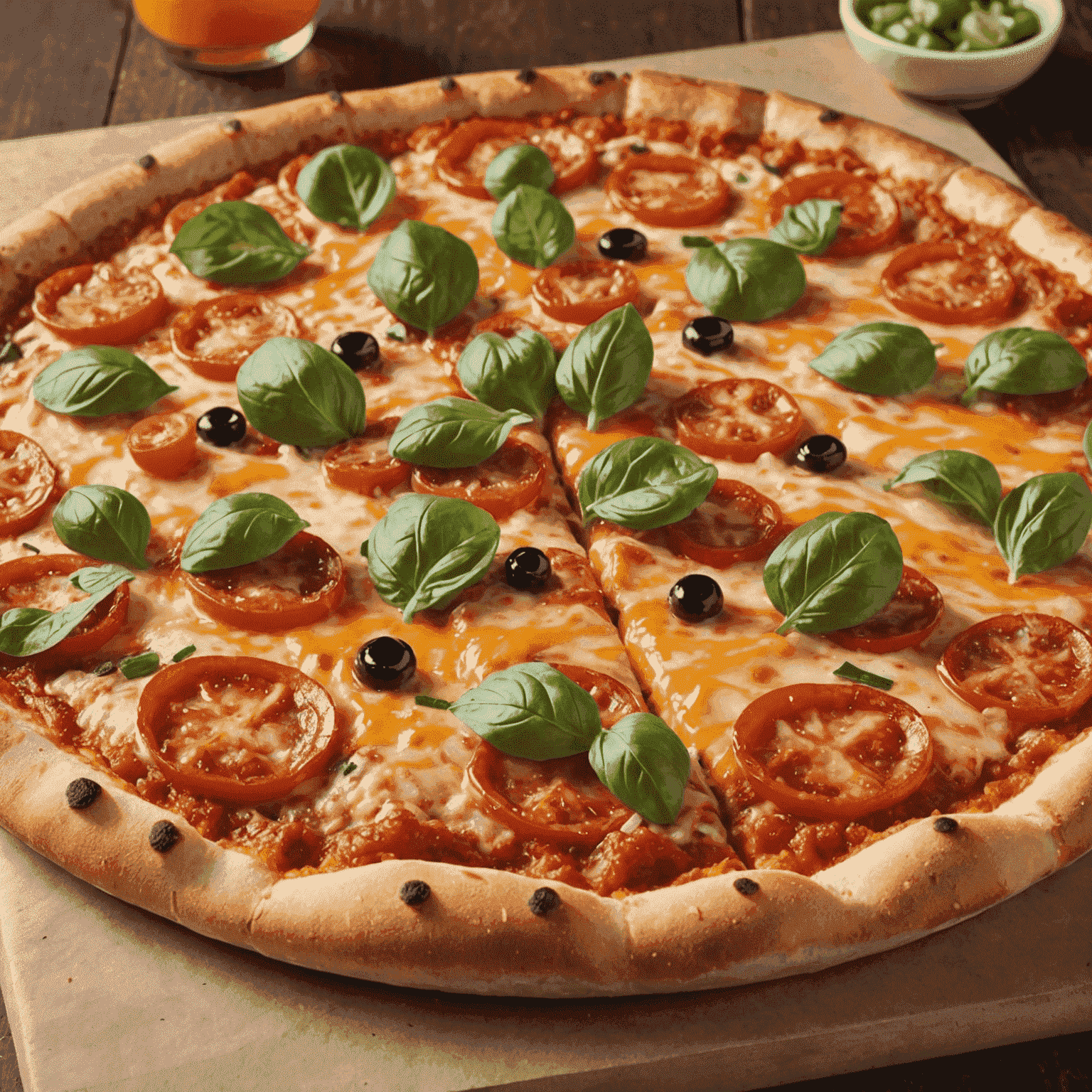 A mouth-watering close-up of a freshly baked Blaze Pizza, showcasing the perfect blend of melted cheese, colorful toppings, and a crispy crust