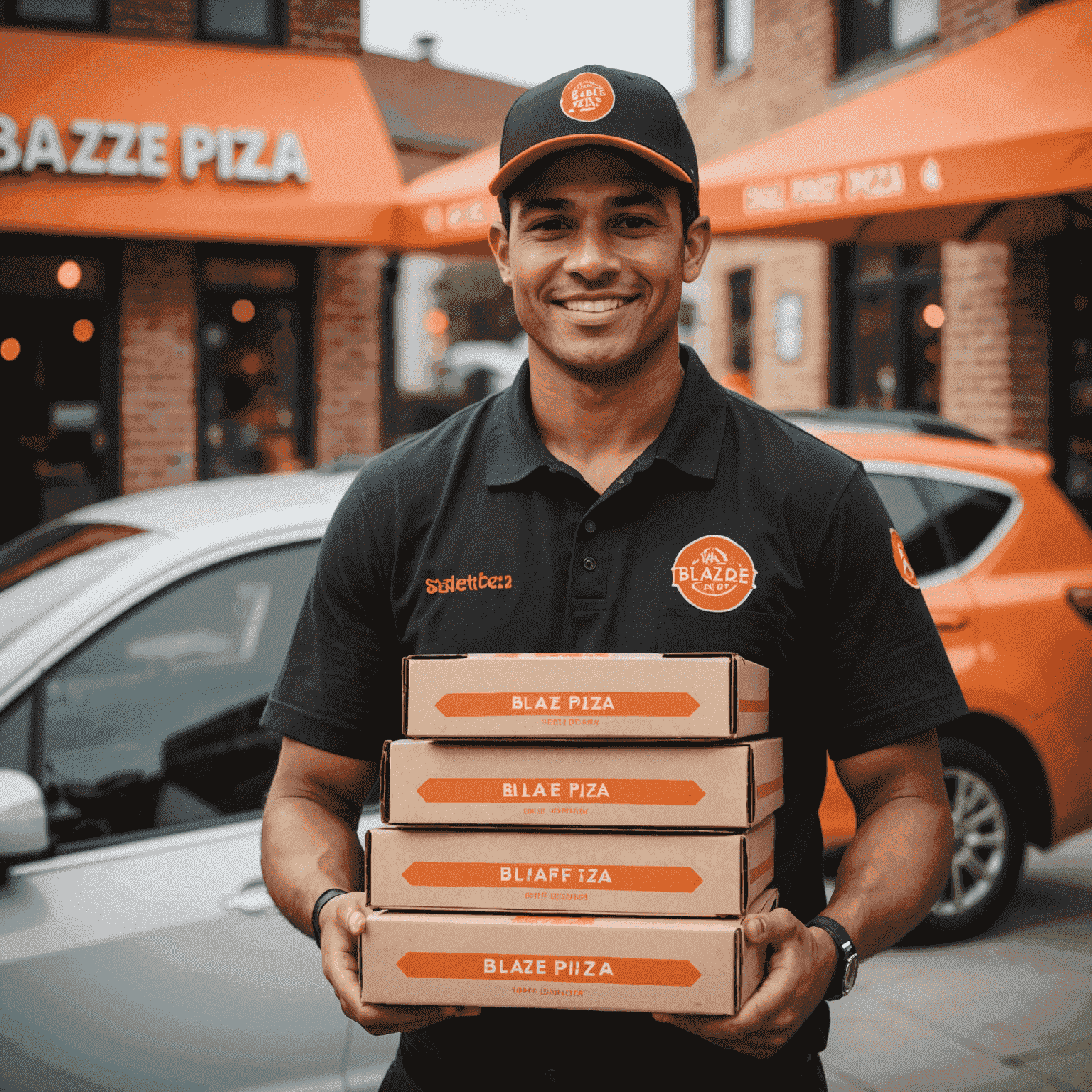 A Blaze Pizza delivery driver holding a stack of pizza boxes, ready to deliver fresh, hot pizzas to customers