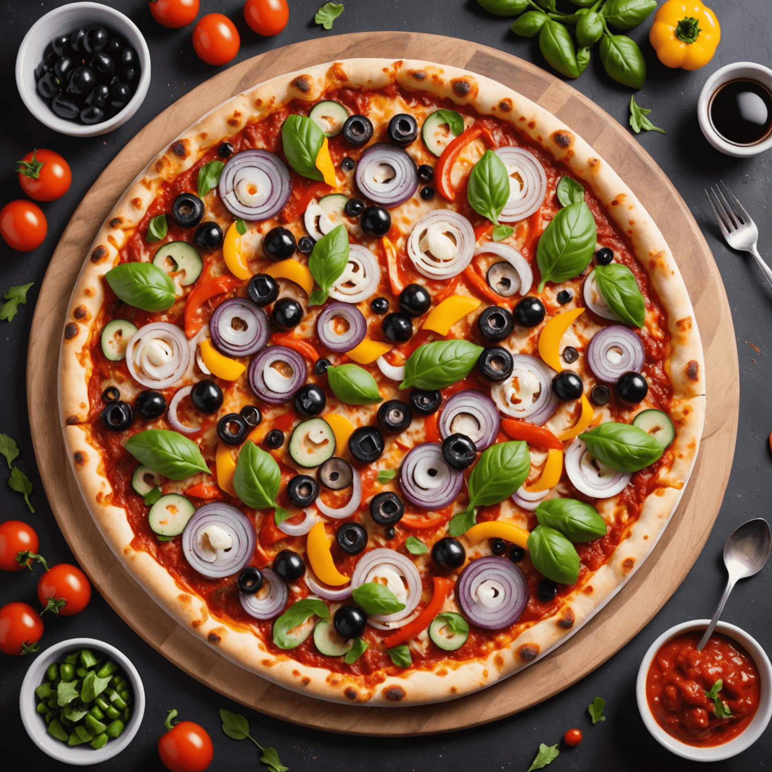 A colorful pizza topped with a variety of fresh vegetables including sliced bell peppers, red onions, mushrooms, and black olives on a bed of cheese and tomato sauce