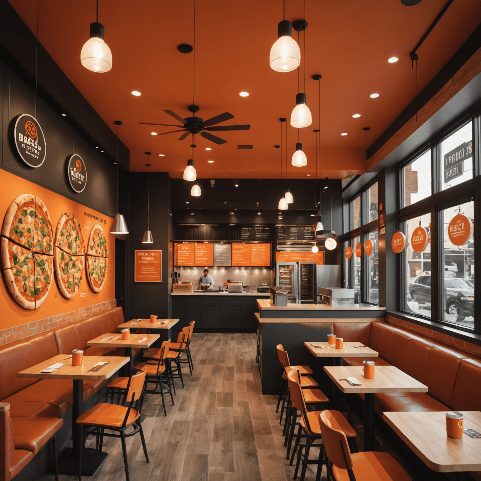 The interior of a Blaze Pizza restaurant, showcasing a cozy and modern dining area with customers enjoying freshly made pizzas