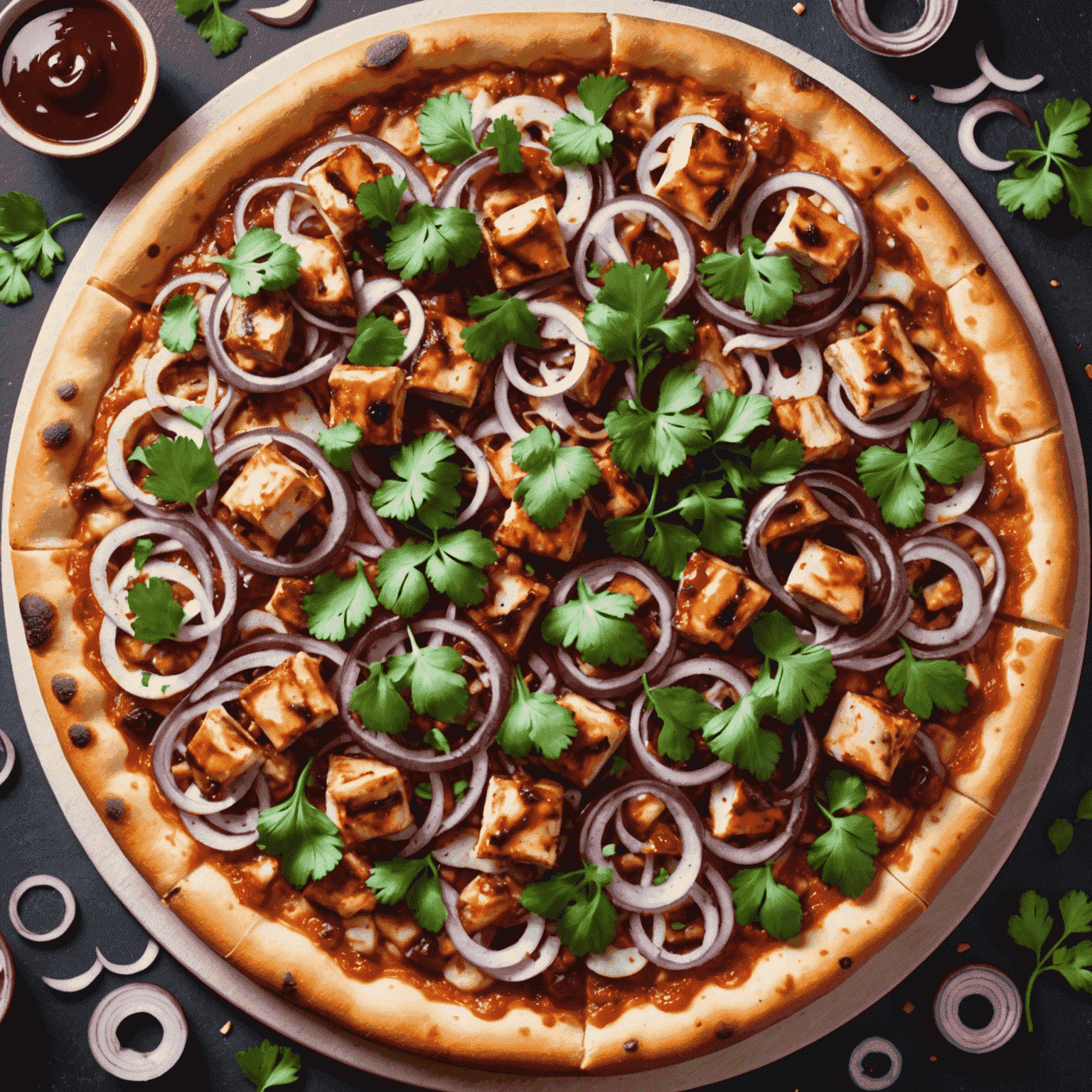 A pizza with grilled chicken pieces, drizzled with BBQ sauce, topped with red onion slices and sprinkled with fresh cilantro on a cheesy base