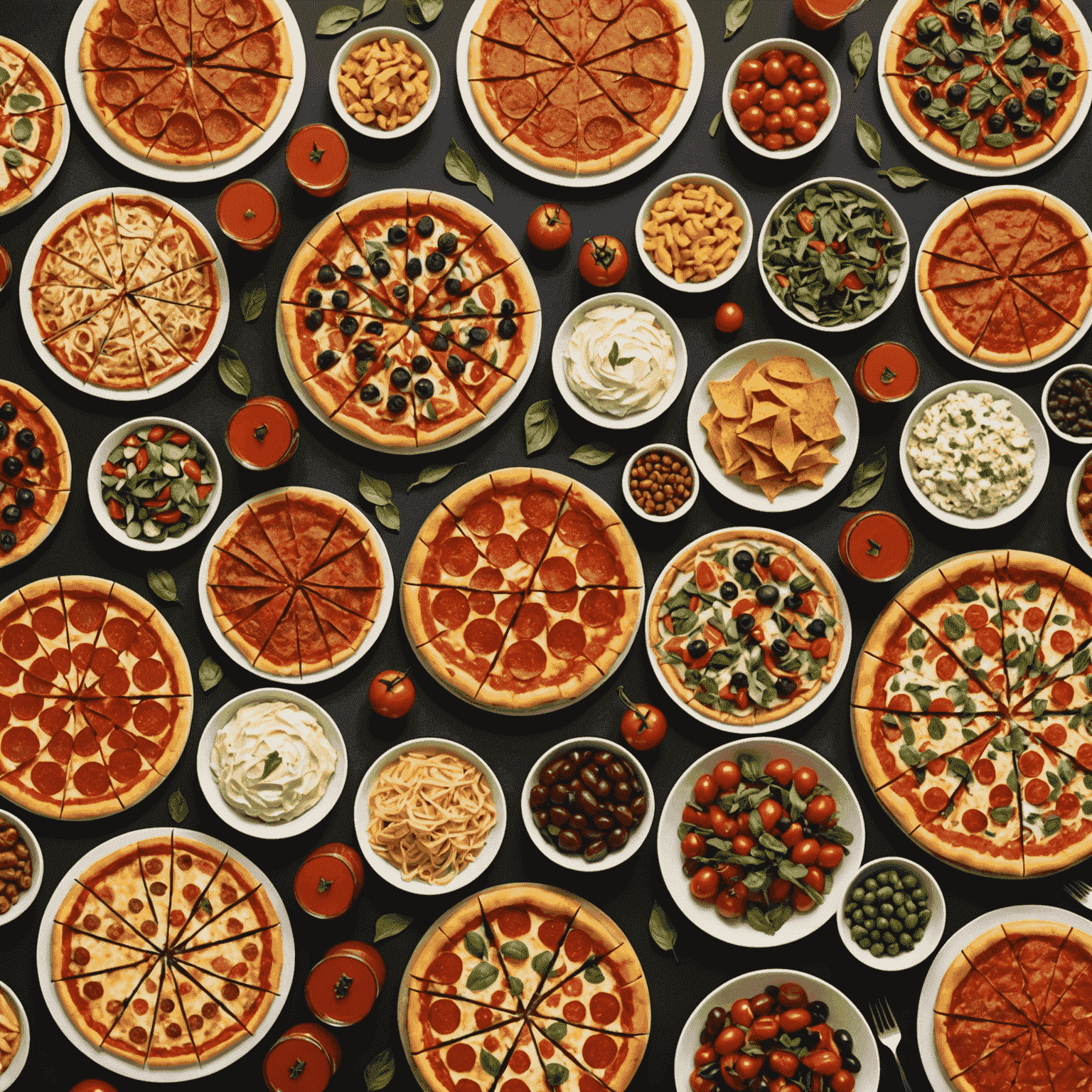 A large catering spread of various Blaze Pizzas, side dishes, and desserts set up for a corporate event or celebration