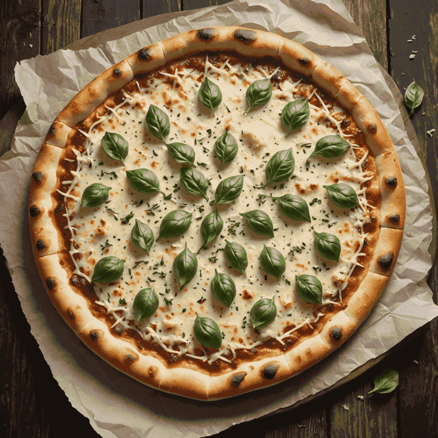 A white pizza with a creamy garlic sauce base, covered in melted mozzarella and parmesan cheese, with visible specks of oregano and roasted garlic cloves